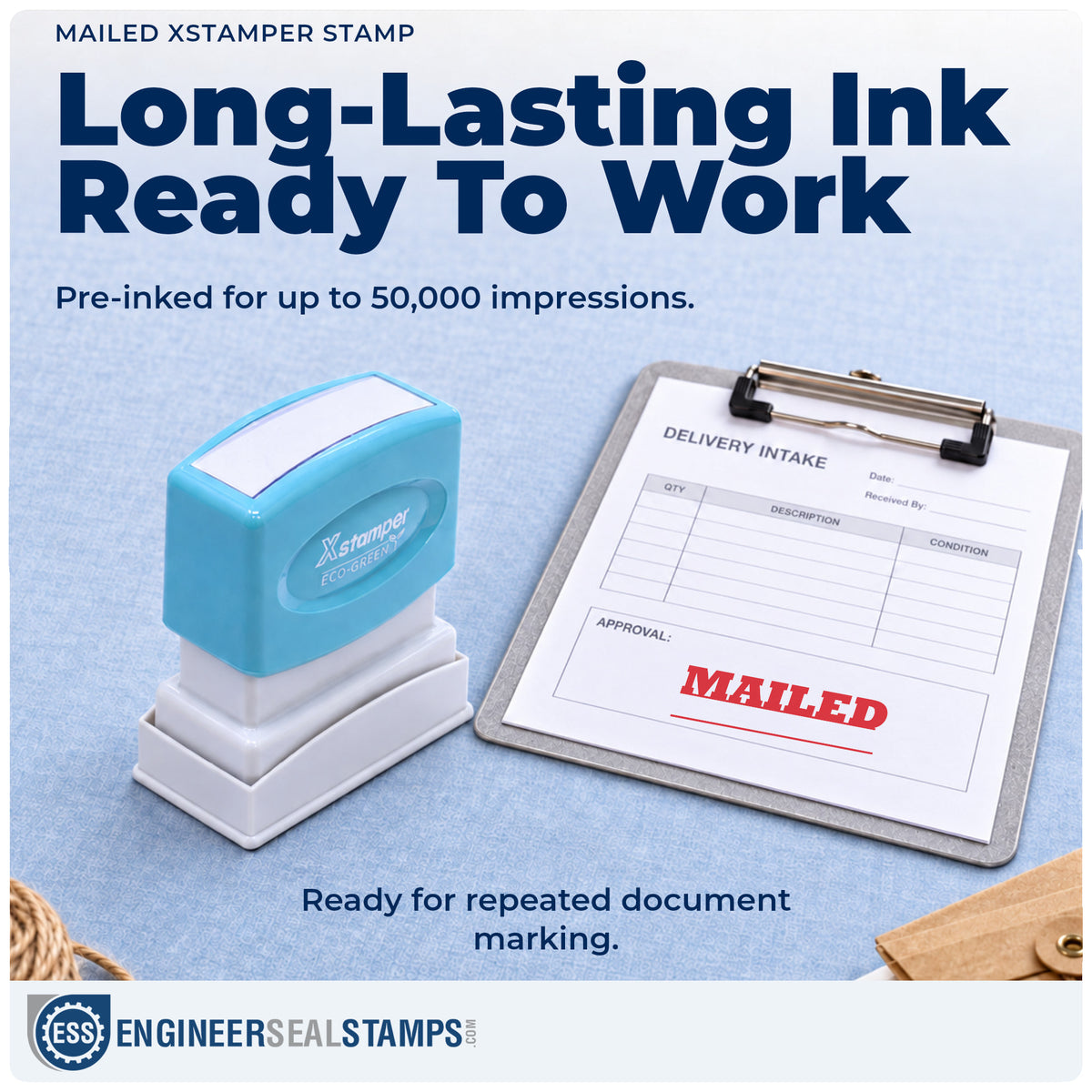 Re-inkable "Mailed" stamp built for thousands of repeat impressions