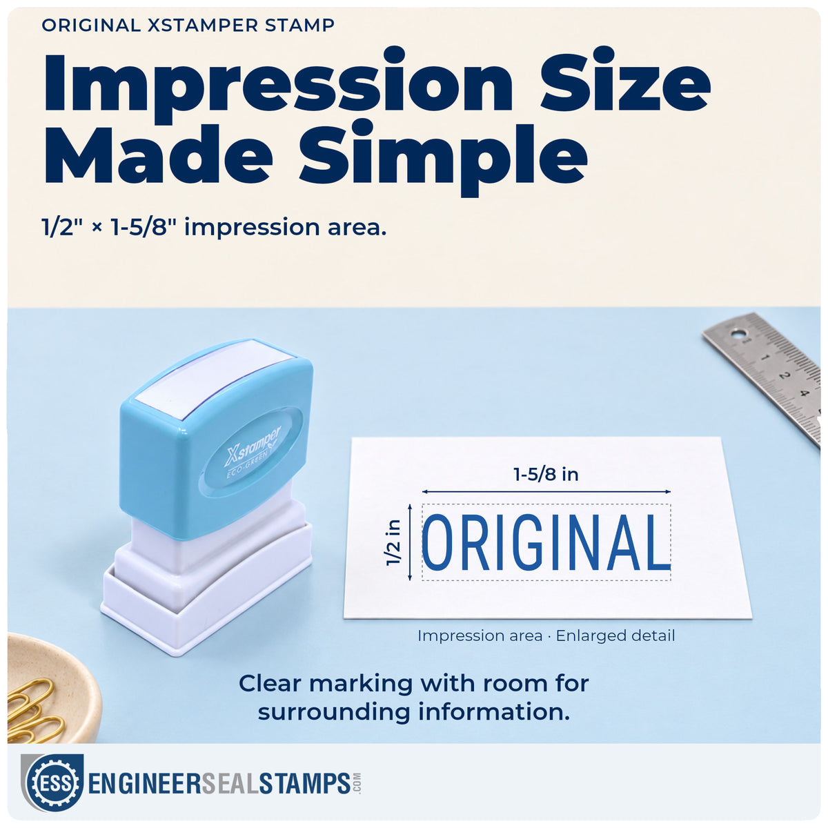 Impression size guide: the "Original" imprint measures 1/2 x 1-5/8 in