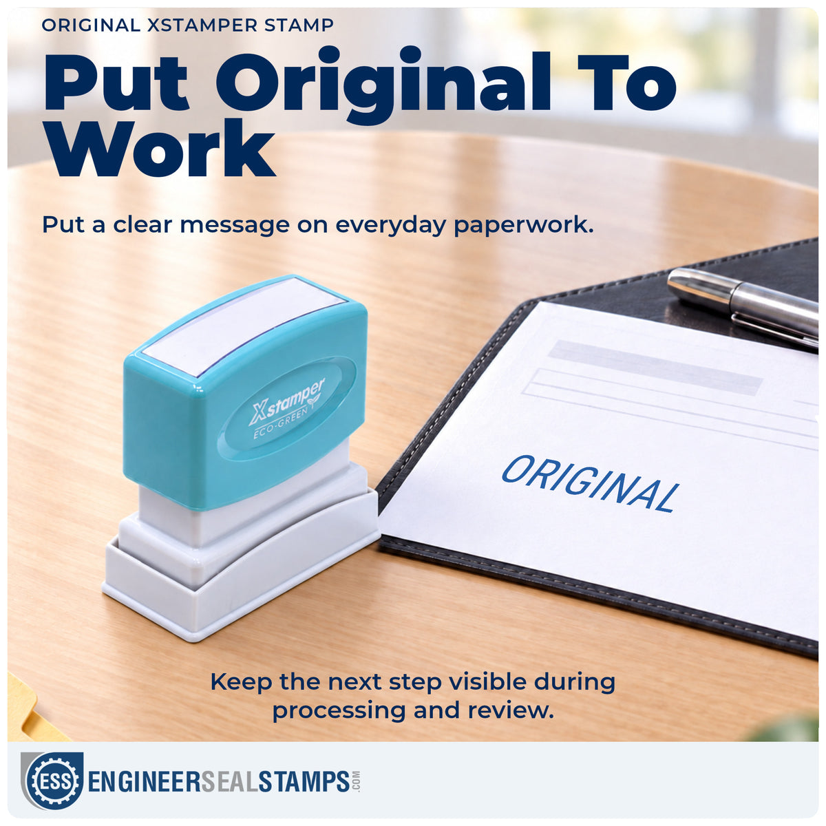 "Original" stamp being pressed onto a document during everyday filing