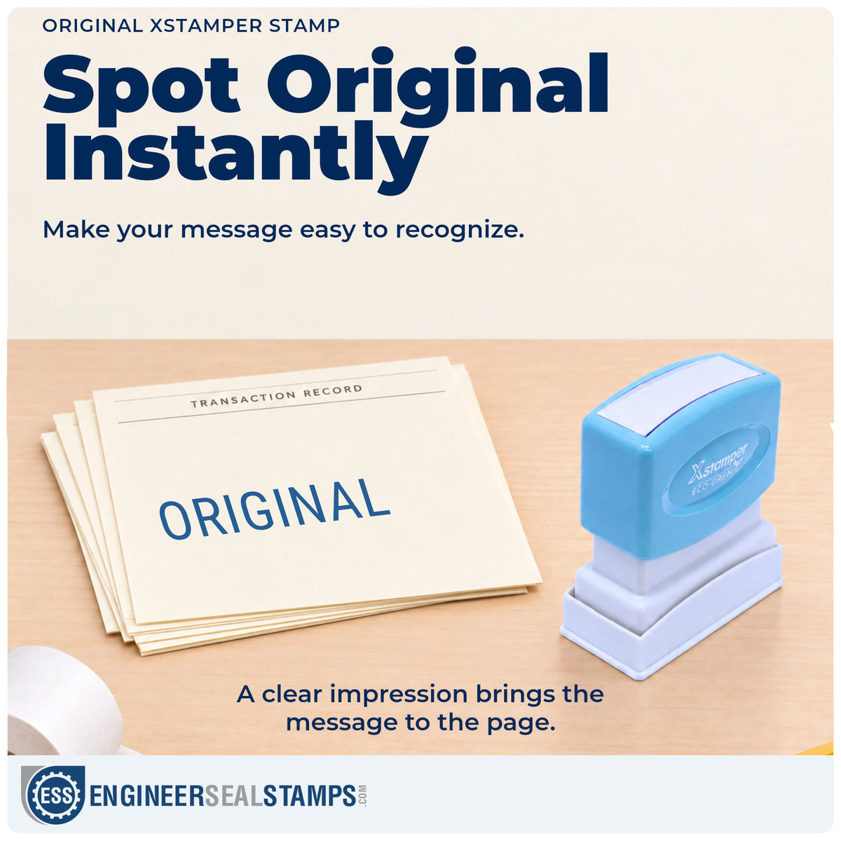 "Original" imprint on office paperwork beside the Xstamper Original Stamp – Pre-Inked