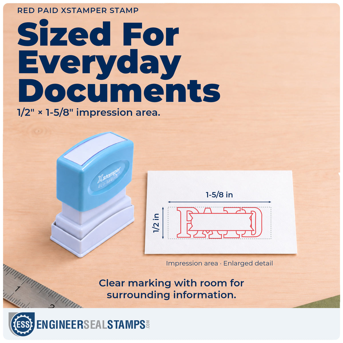 Impression size guide: the "Paid" imprint measures 1/2 x 1-5/8 in