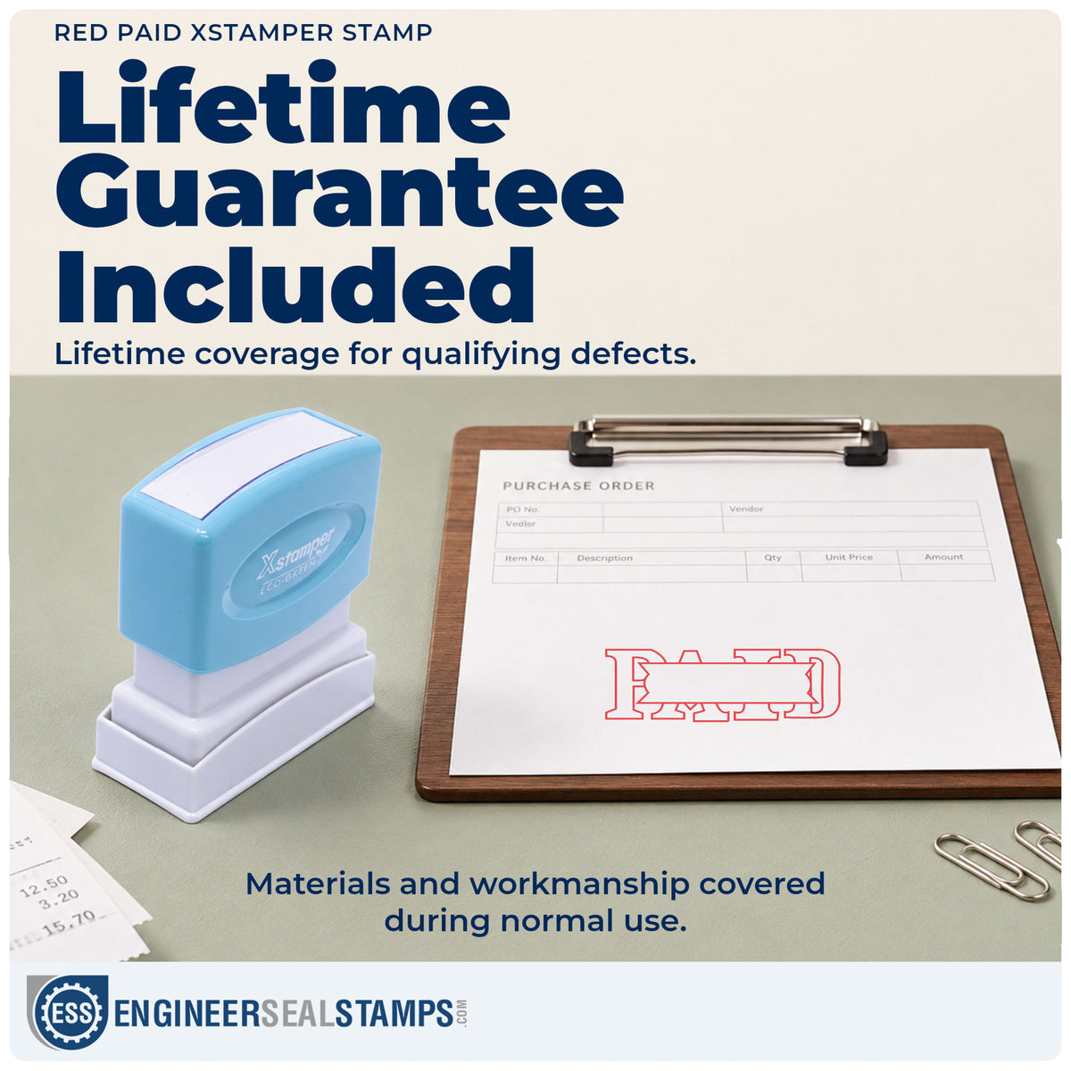 Lifetime guarantee coverage on the "Paid" Xstamper pre-inked stamp