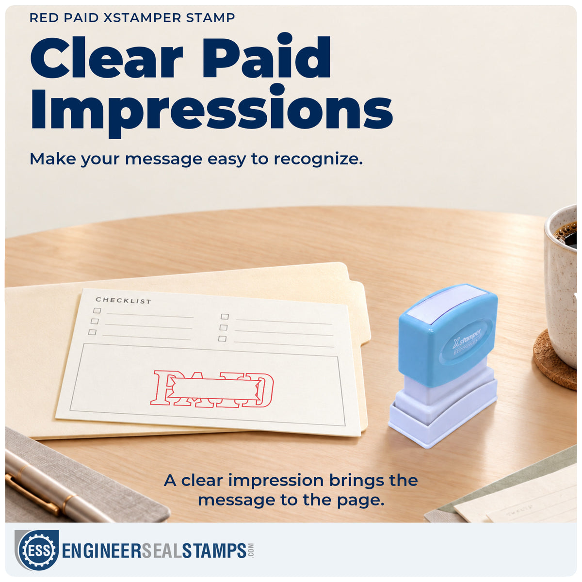 "Paid" imprint on office paperwork beside the Paid Stamp For Billing Records – Red Pre-Inked Xstamper