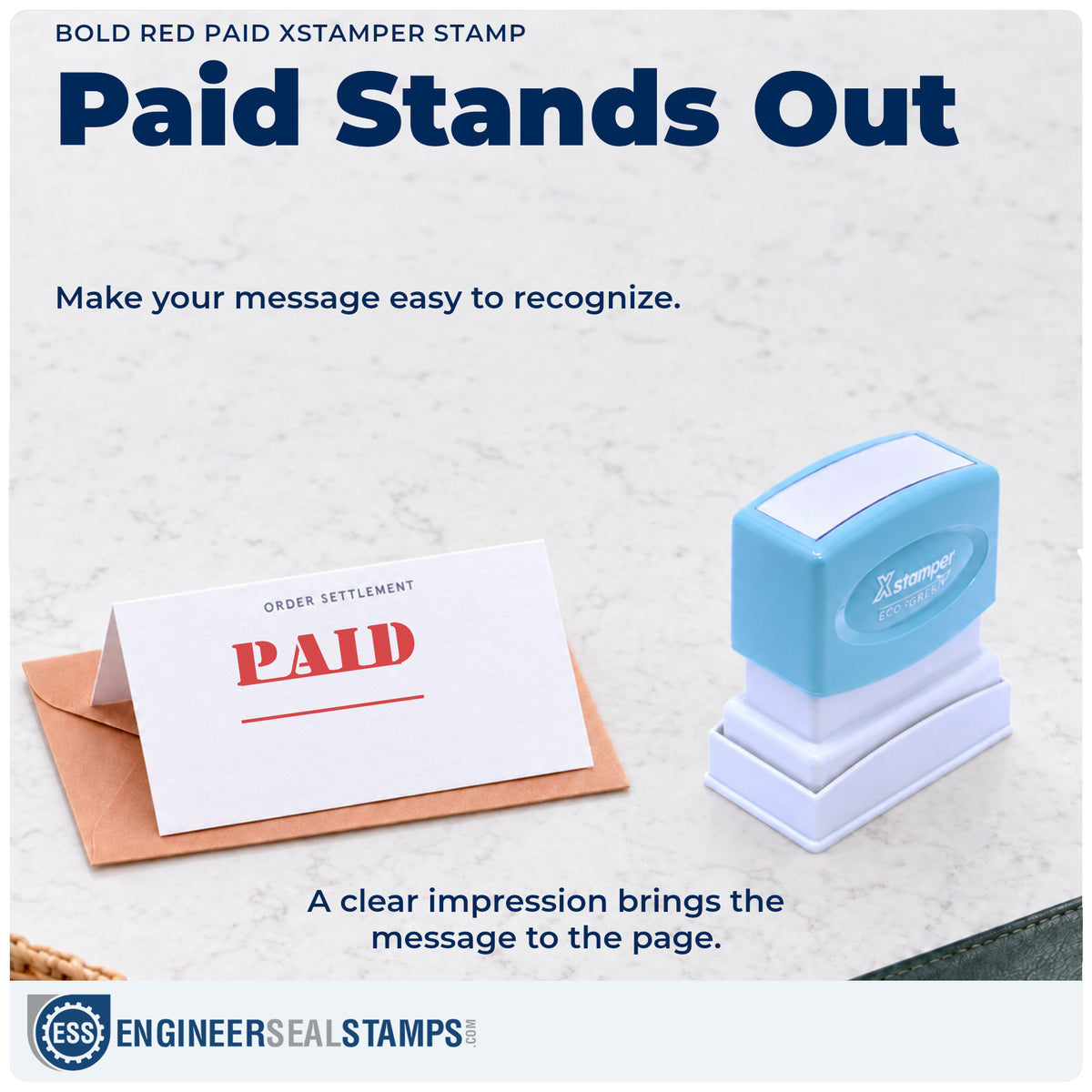 "Paid" imprint on office paperwork beside the Paid Stamp For Invoices – Bold Red Pre-Inked Xstamper