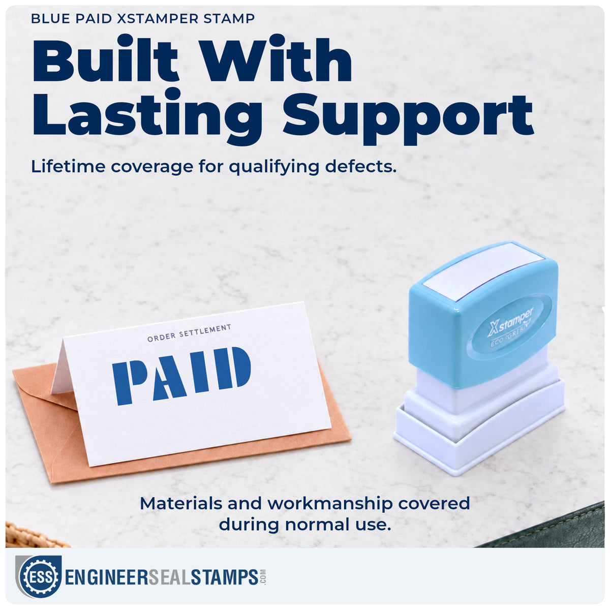 Lifetime guarantee coverage on the "Paid" Xstamper pre-inked stamp