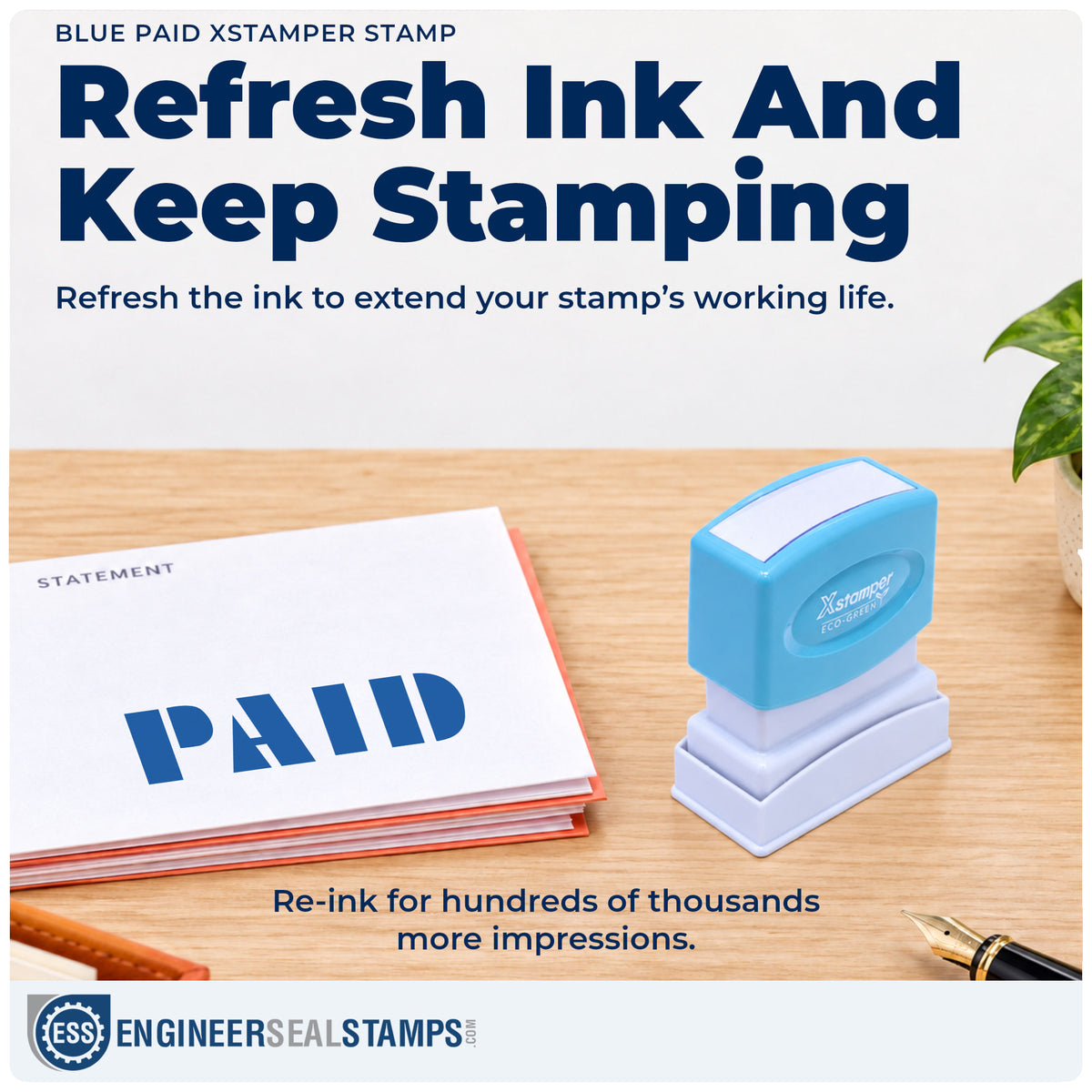 Re-inkable "Paid" stamp built for thousands of repeat impressions