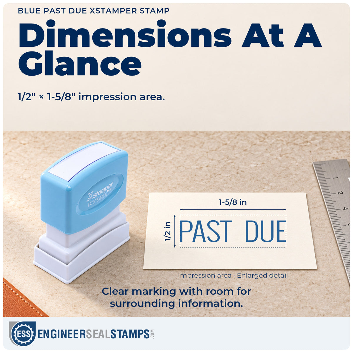 Impression size guide: the "Past due" imprint measures Approximately 1/2 in tall x 1-5/8 in wide
