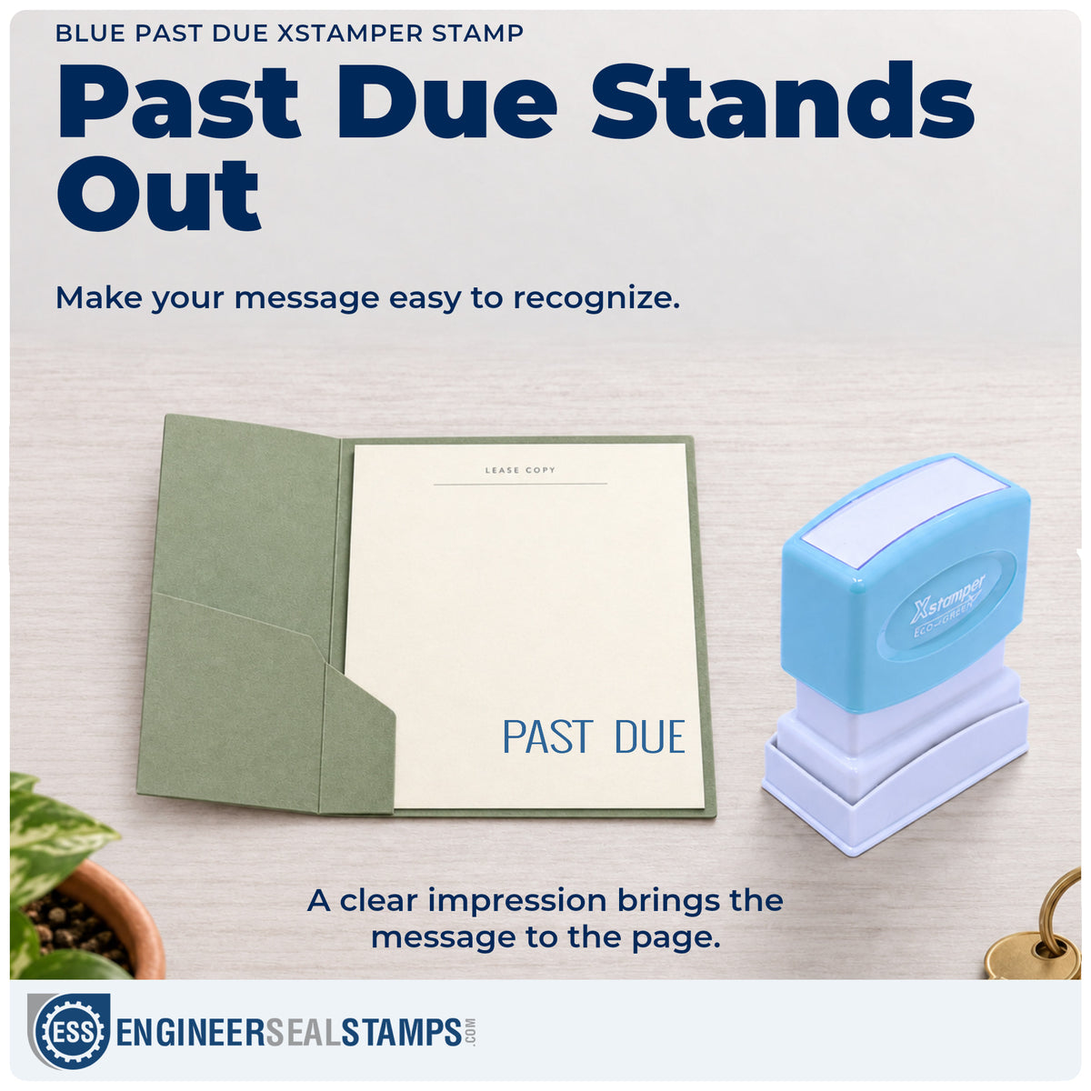 "Past due" imprint on office paperwork beside the Blue Past Due Stamp – Pre-Inked Xstamper