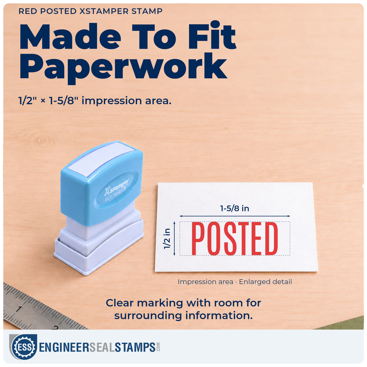 Impression size guide: the "Posted" imprint measures 1/2 x 1-5/8 in