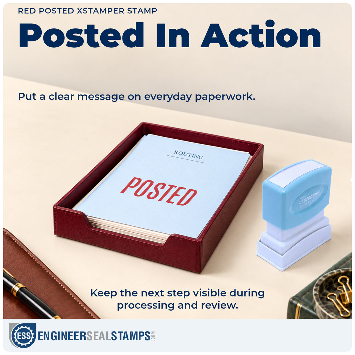 "Posted" stamp being pressed onto a document during everyday filing