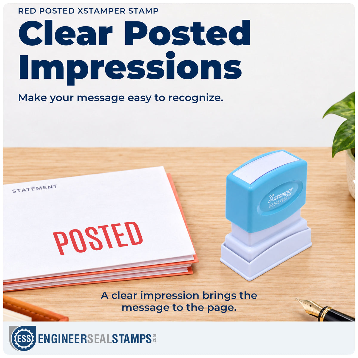 "Posted" imprint on office paperwork beside the Xstamper Posted Stamp – Red Pre-Inked