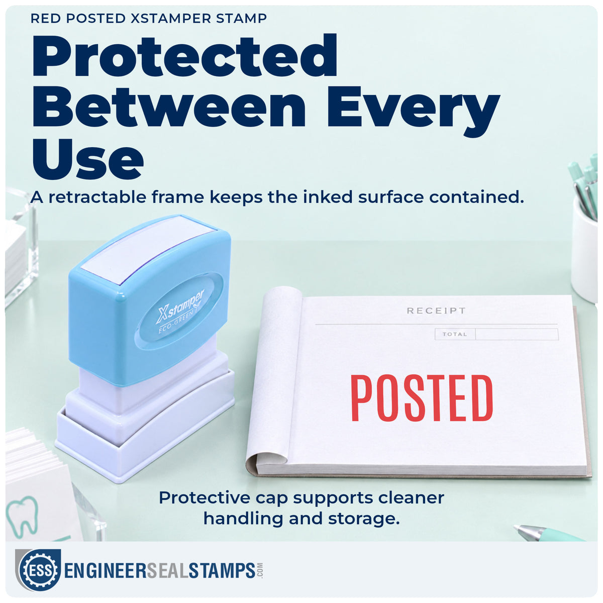 Features of the "Posted" Xstamper No. 1047 pre-inked stamp