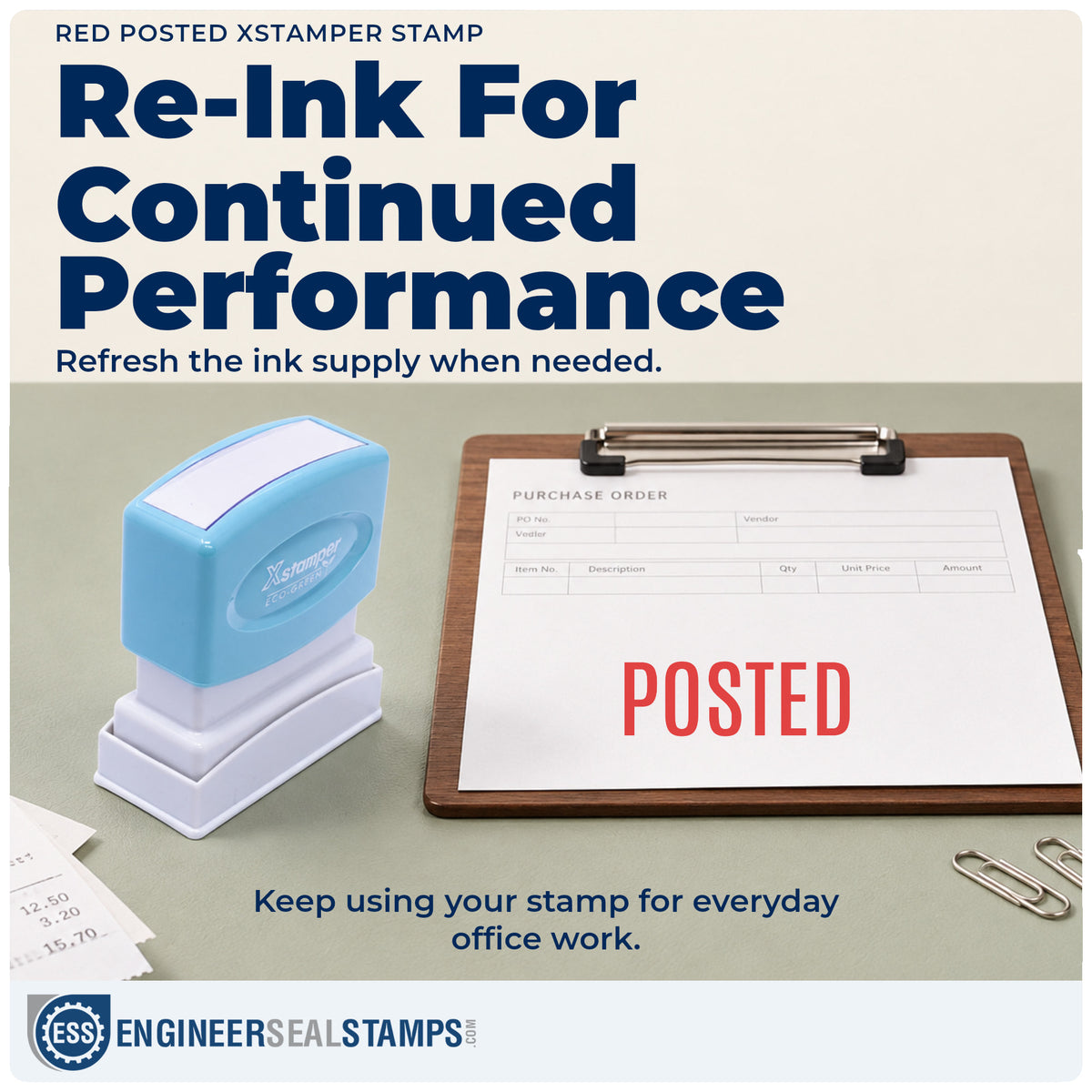 Re-inkable "Posted" stamp built for thousands of repeat impressions