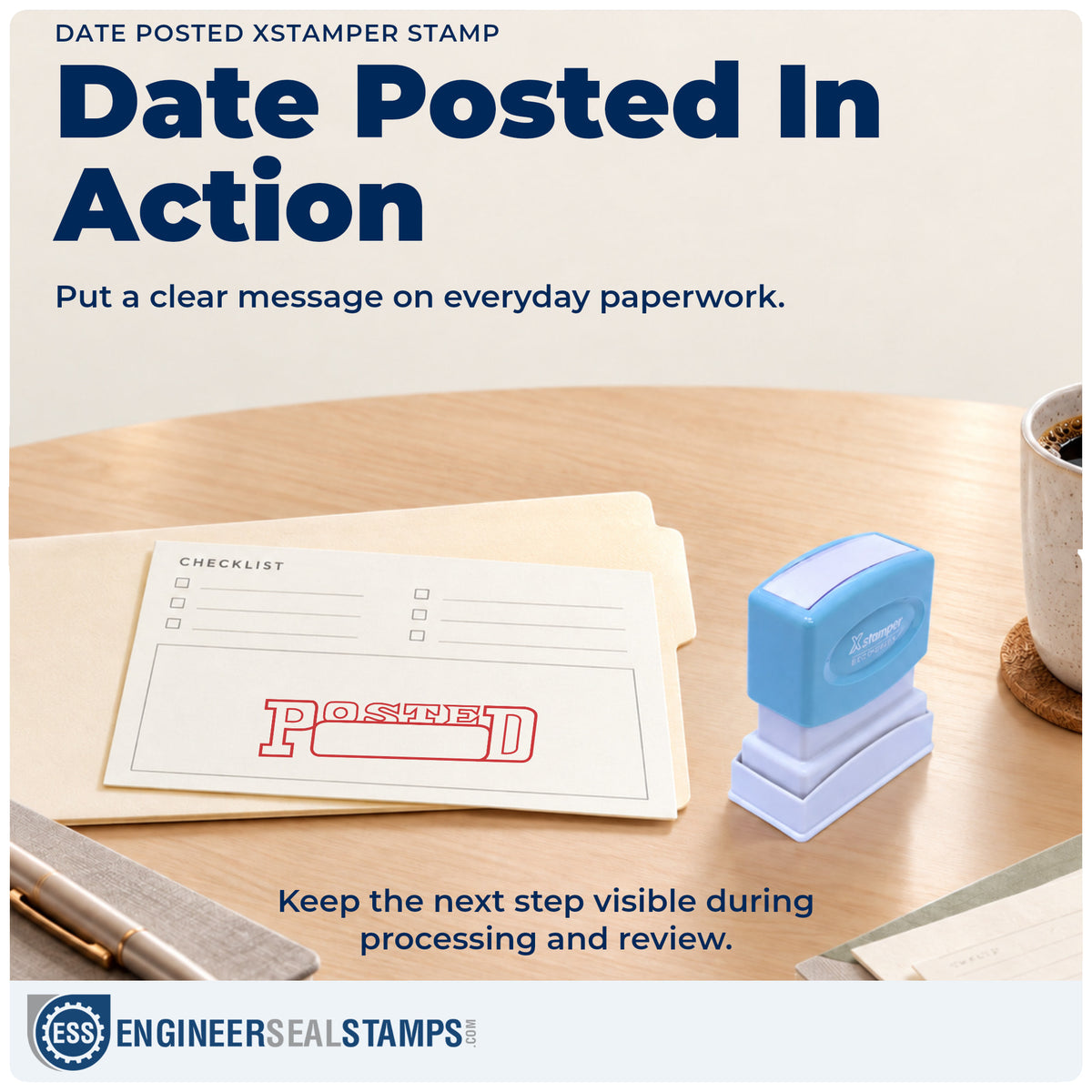 "Date posted" stamp being pressed onto a document during everyday filing
