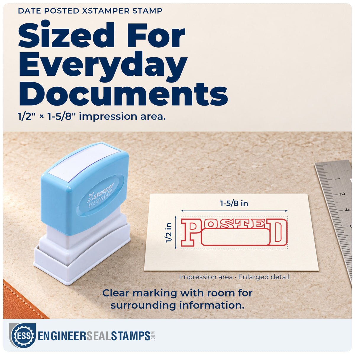 Impression size guide: the "Date posted" imprint measures Approximately 1/2 in tall x 1-5/8 in wide