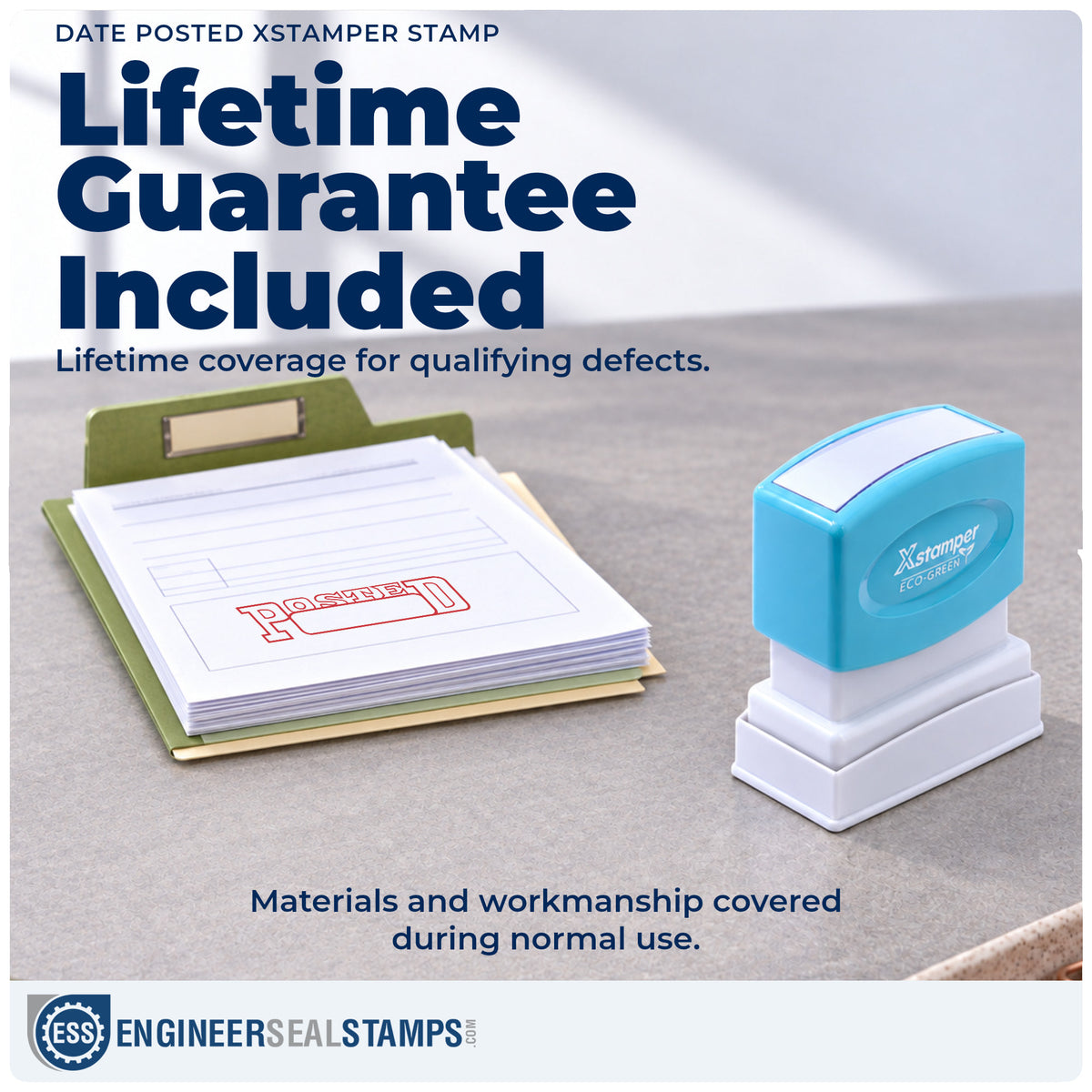 Lifetime guarantee coverage on the "Date posted" Xstamper pre-inked stamp