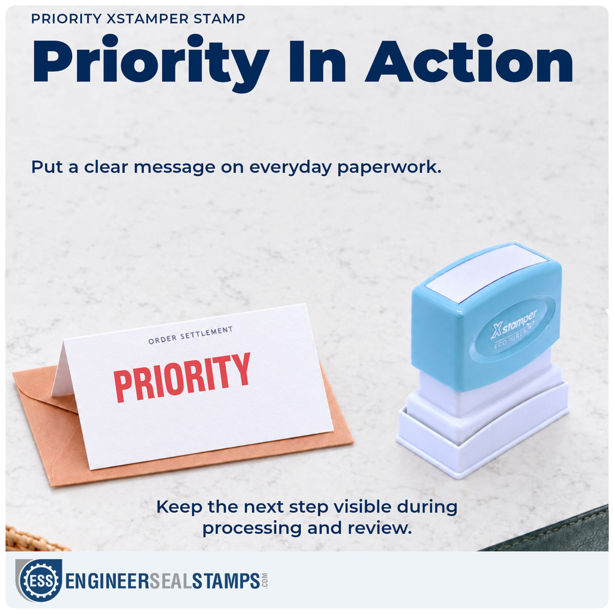 "Priority" stamp being pressed onto a document during everyday filing