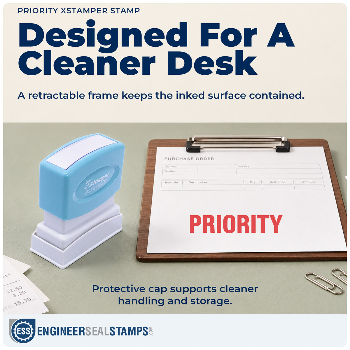 Features of the "Priority" Xstamper No. 1033 pre-inked stamp