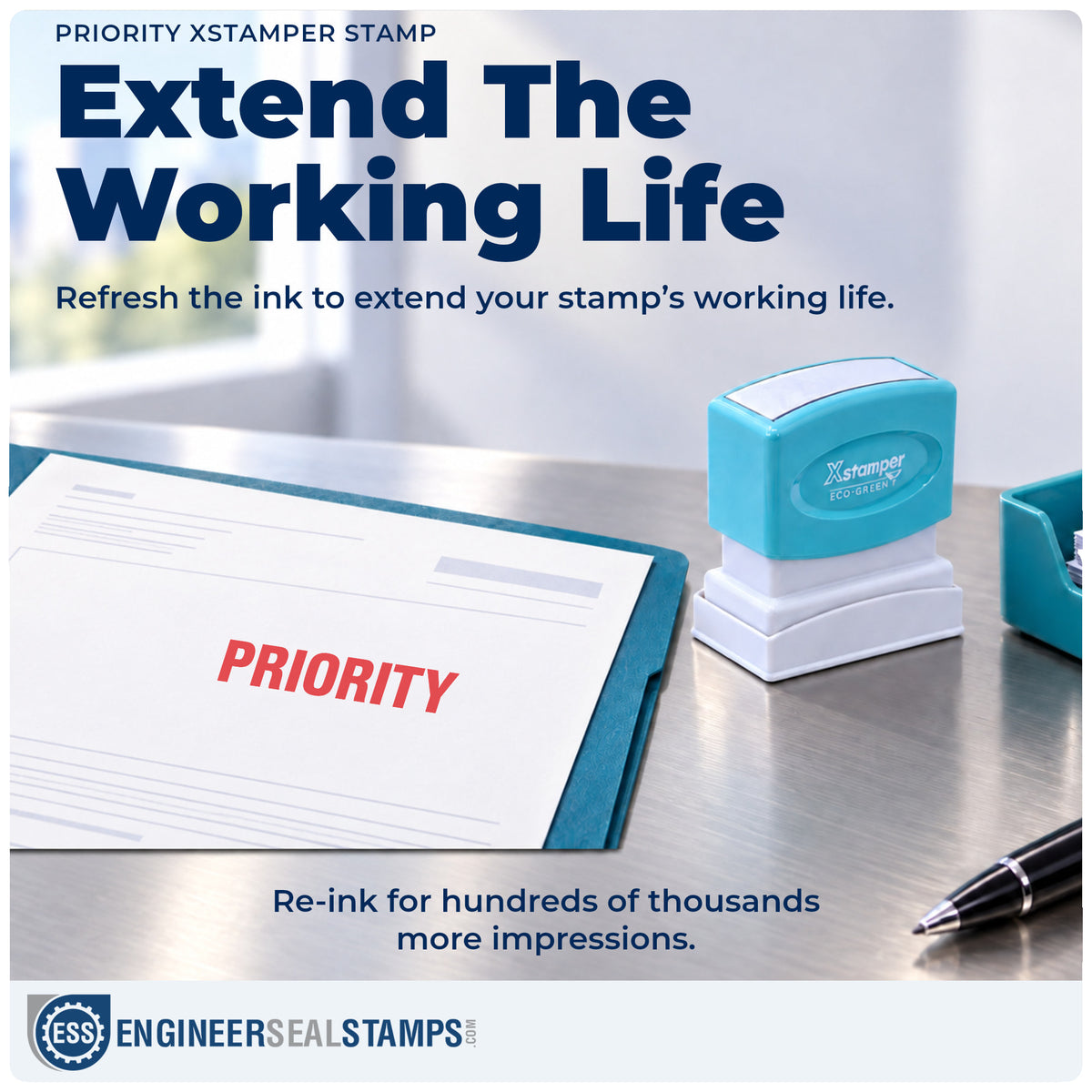 Re-inkable "Priority" stamp built for thousands of repeat impressions