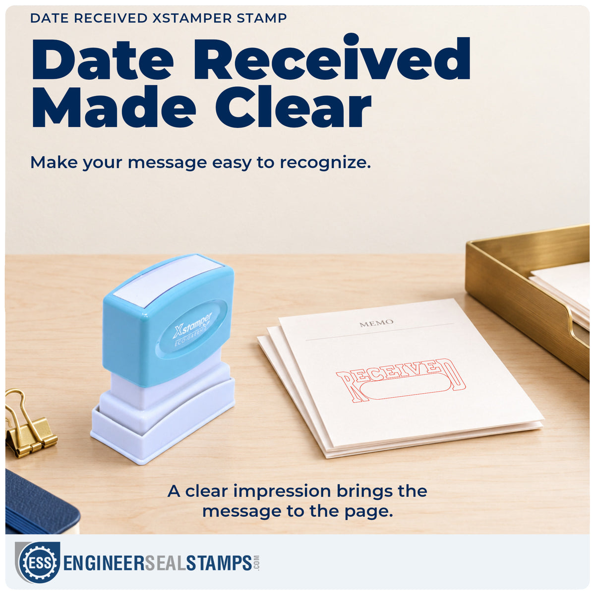 "Date received" imprint on office paperwork beside the Xstamper Date Received Text Stamp – Pre-Inked