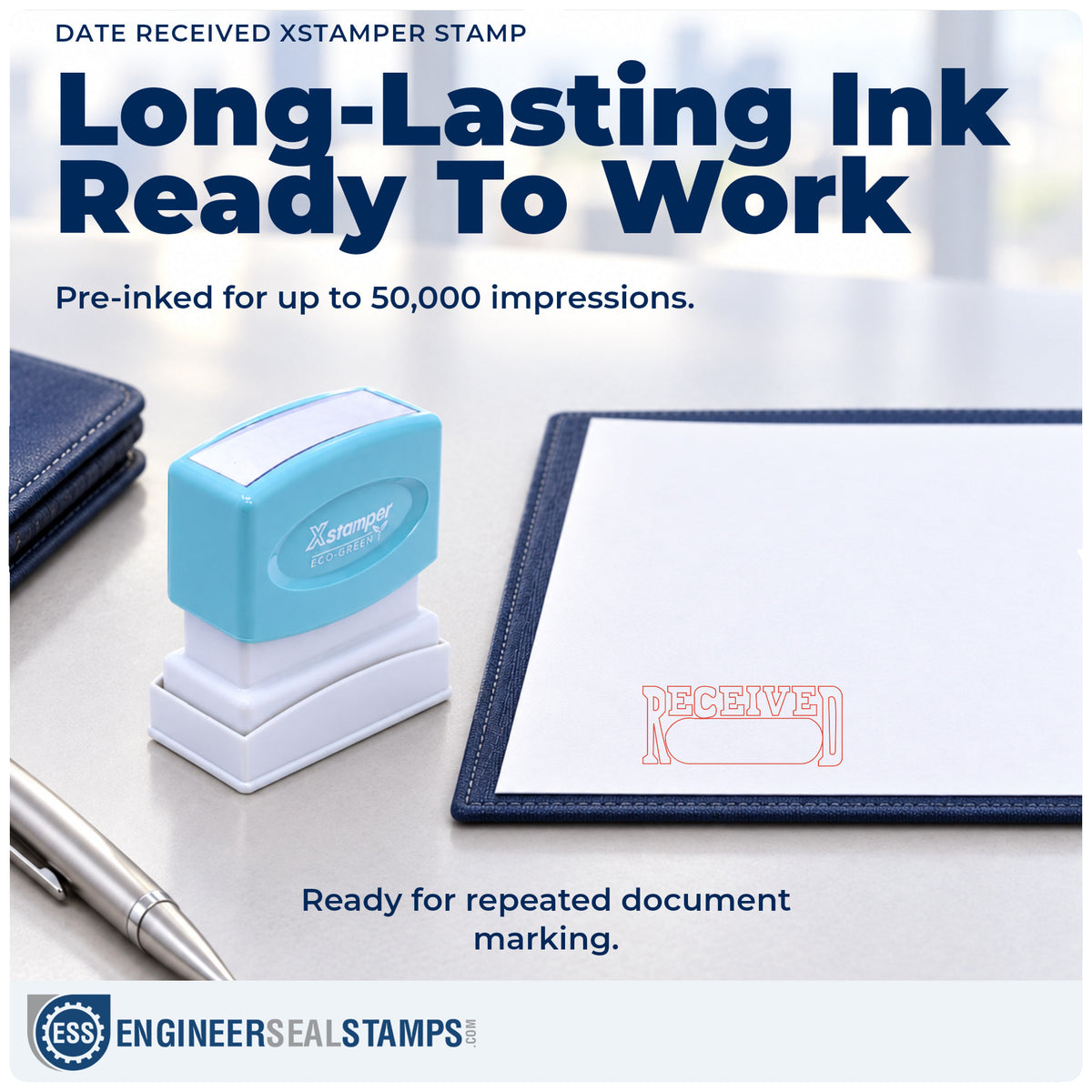 Re-inkable "Date received" stamp built for thousands of repeat impressions