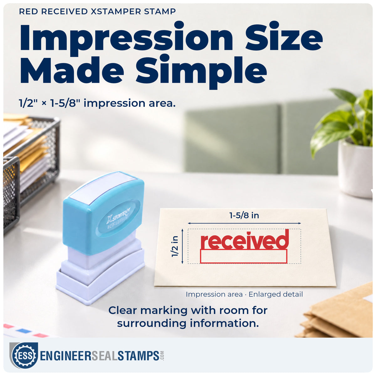 Impression size guide: the "Received" imprint measures 1/2 x 1-5/8 in