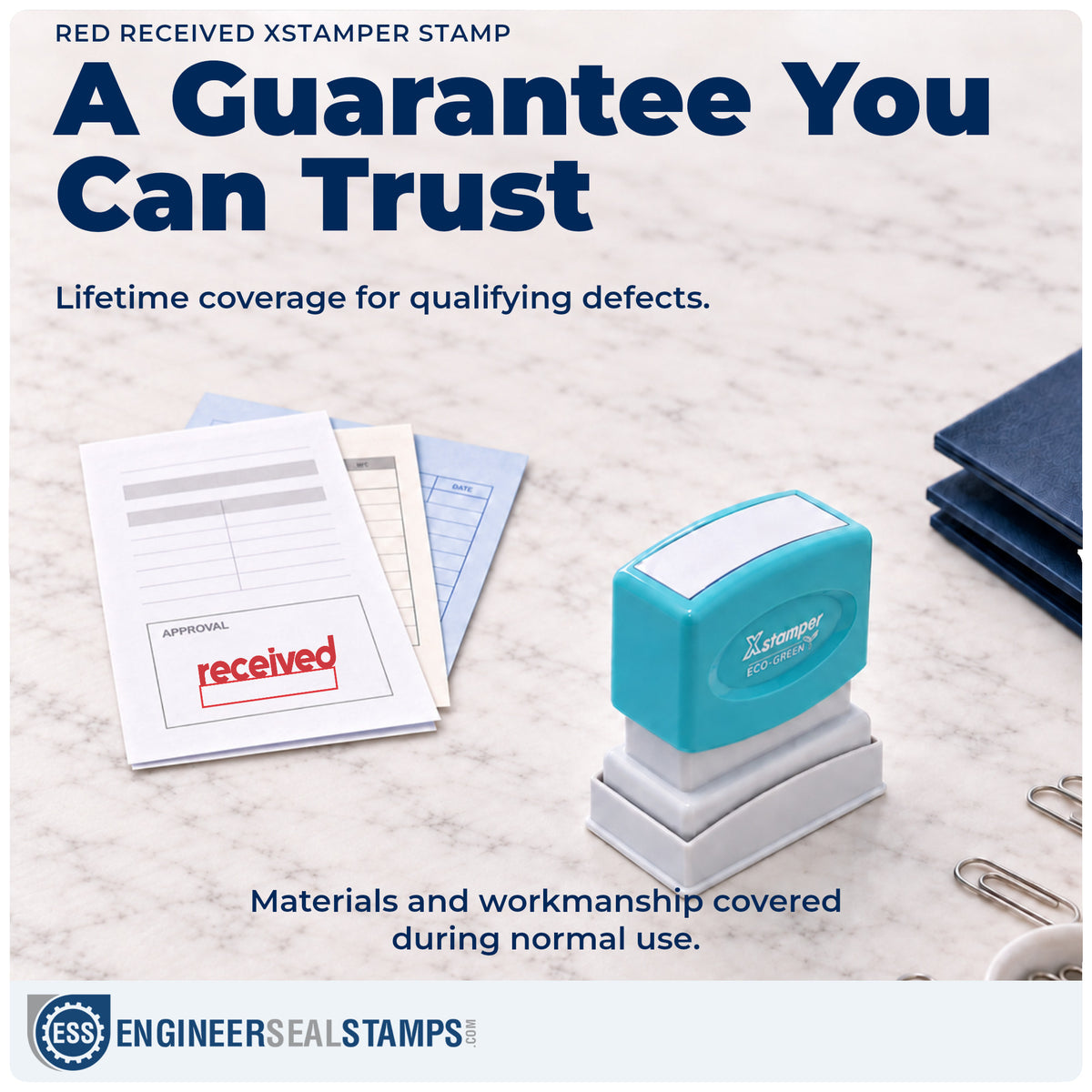 Lifetime guarantee coverage on the "Received" Xstamper pre-inked stamp