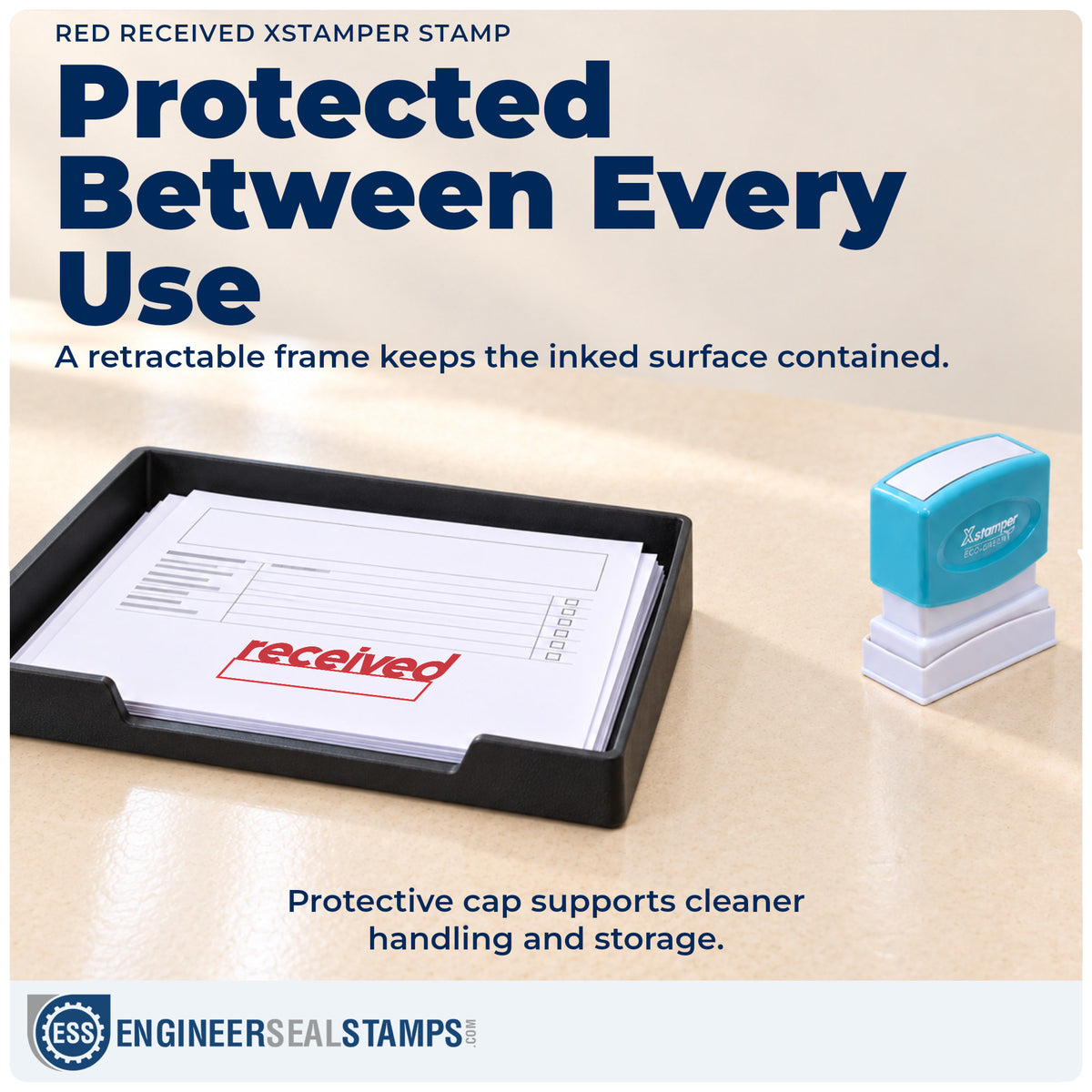 Features of the "Received" Xstamper No. 1223 pre-inked stamp