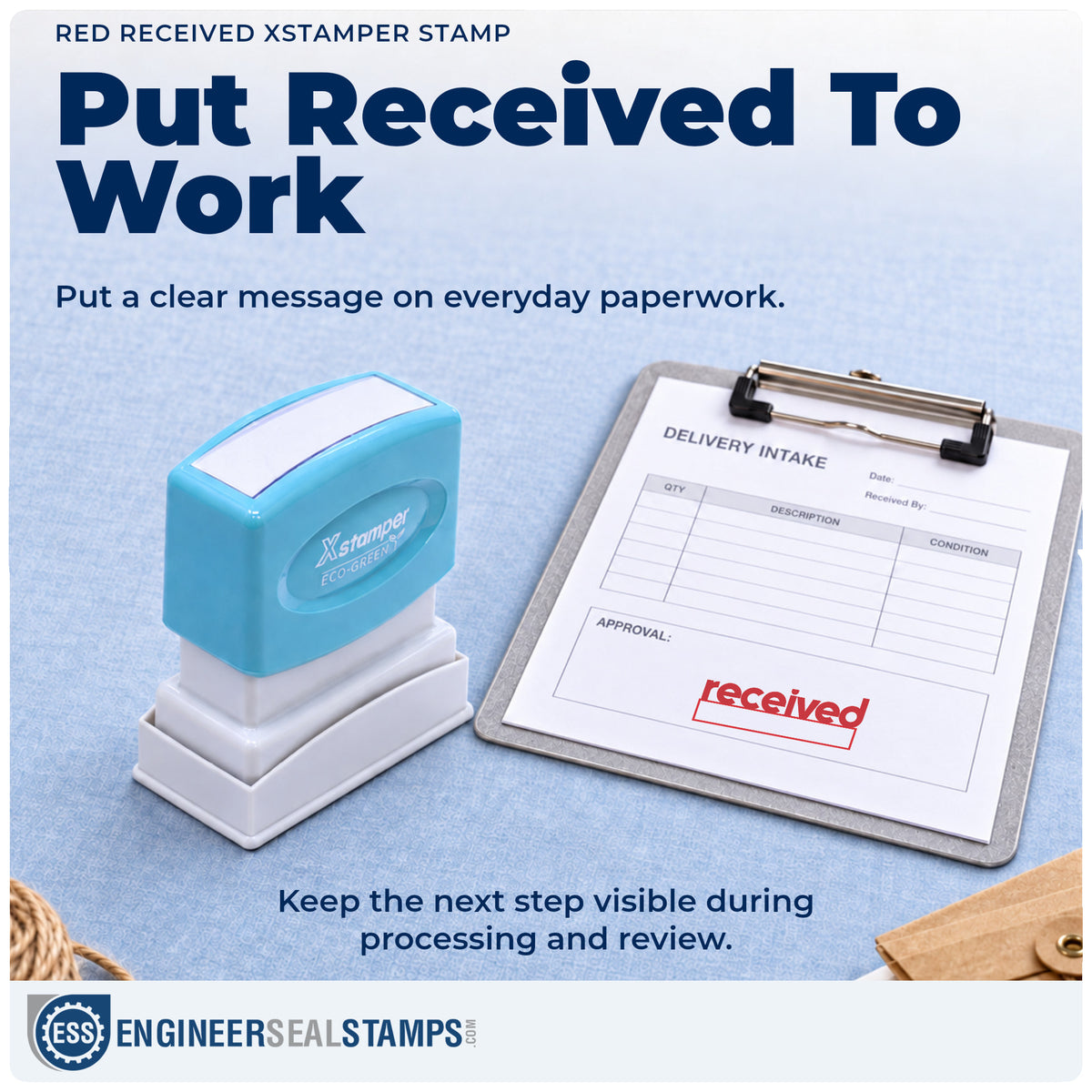 "Received" stamp being pressed onto a document during everyday filing