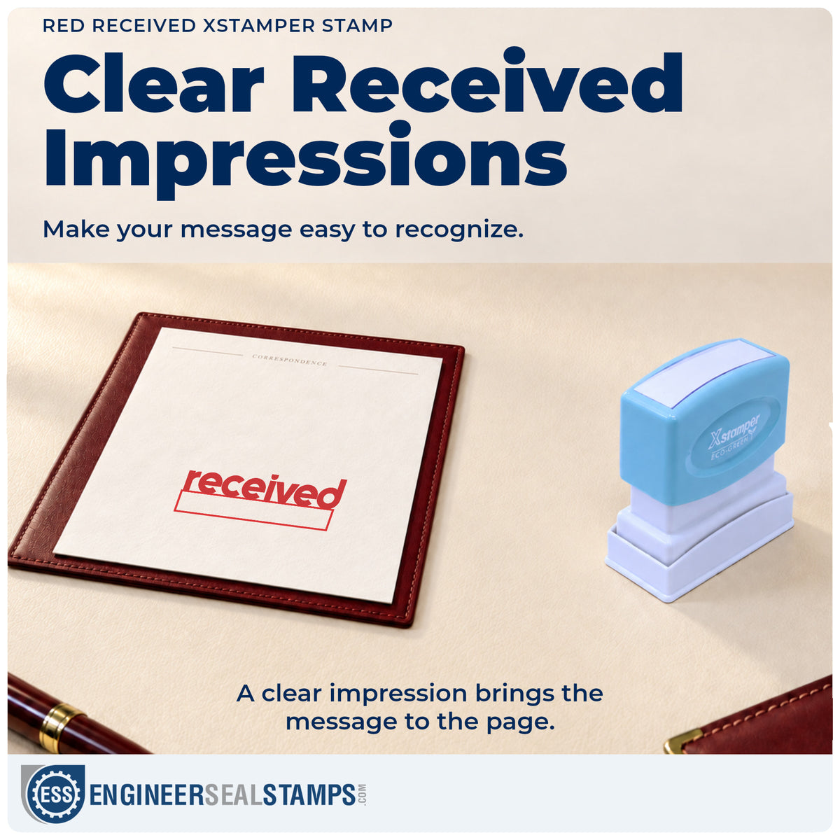 "Received" imprint on office paperwork beside the Red Received Stamp – Pre-Inked Xstamper