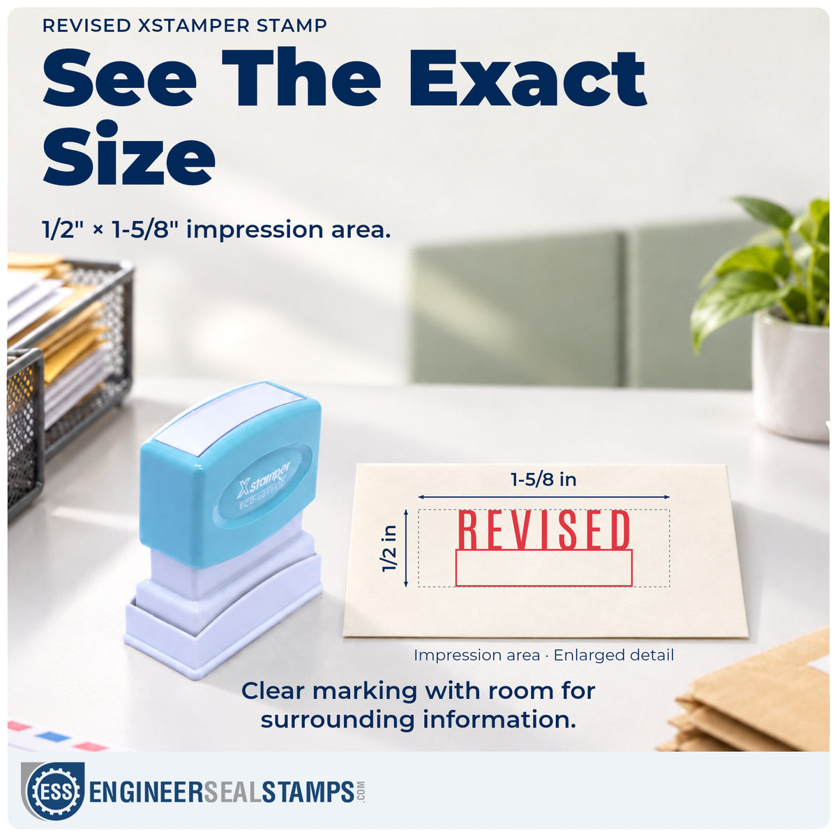 Impression size guide: the "Revised" imprint measures 1/2 x 1-5/8 in