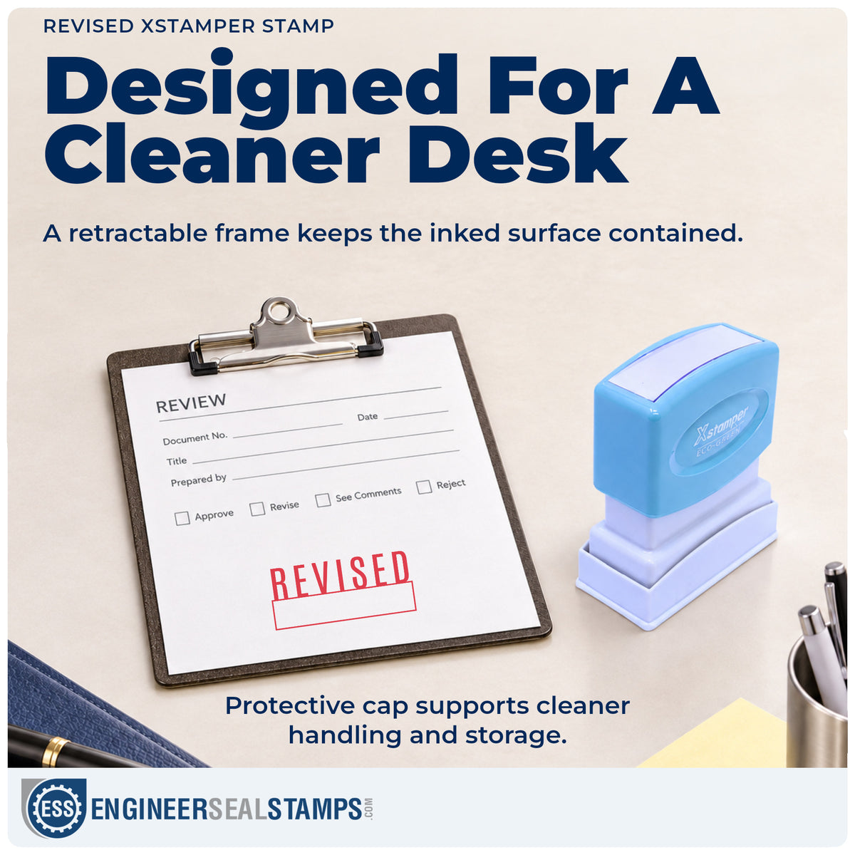Features of the "Revised" Xstamper No. 1219 pre-inked stamp