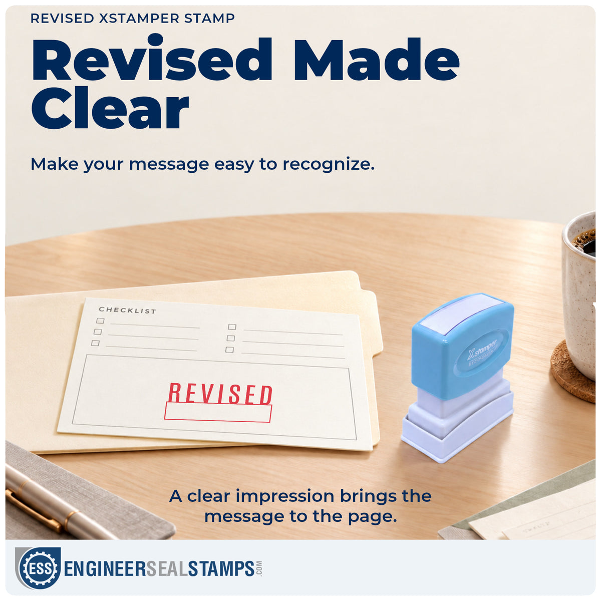 "Revised" imprint on office paperwork beside the Revised Stamp For Document Review – Pre-Inked Xstamper