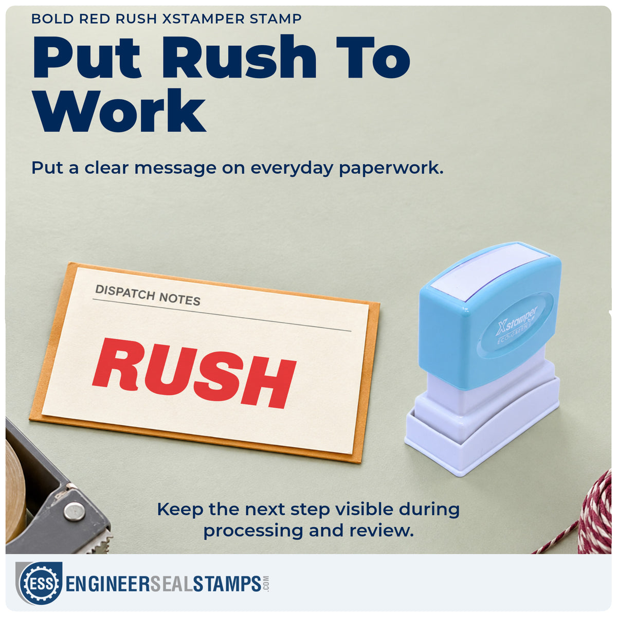 "Rush" stamp being pressed onto a document during everyday filing