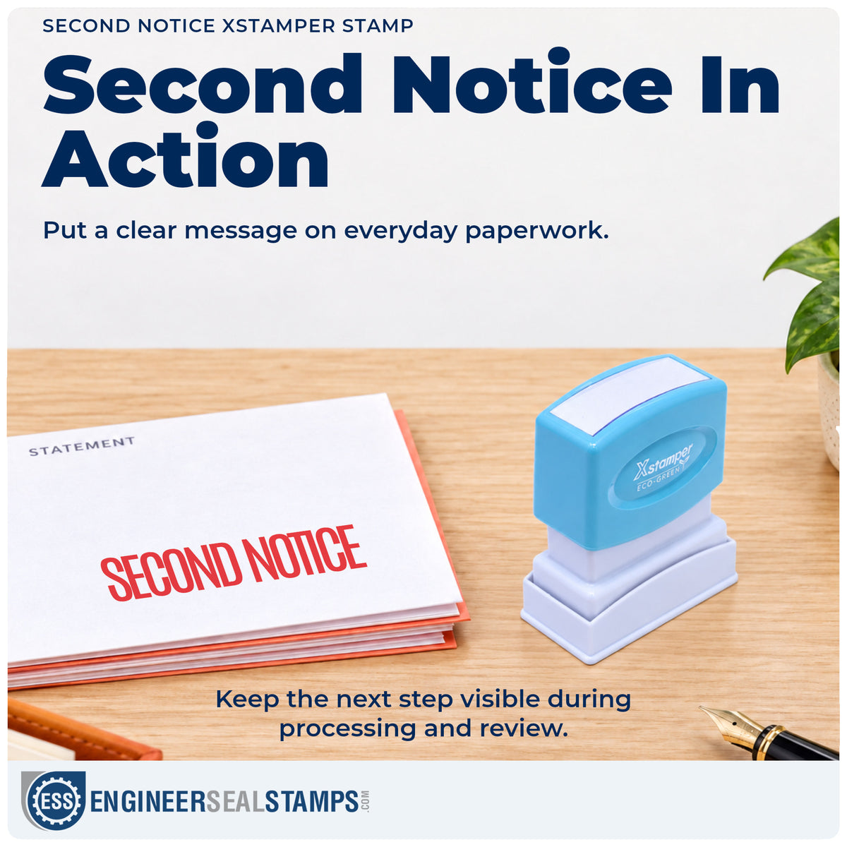 "Second notice" stamp being pressed onto a document during everyday filing