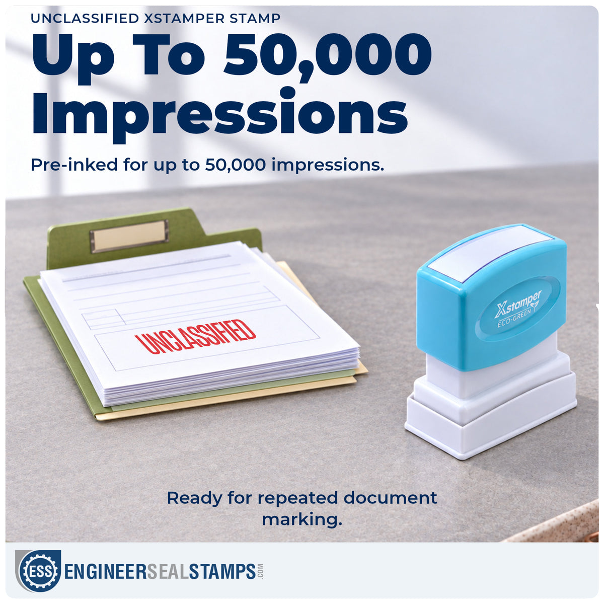 Re-inkable "Unclassified" stamp built for thousands of repeat impressions