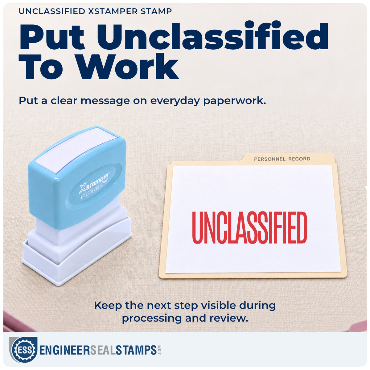 "Unclassified" stamp being pressed onto a document during everyday filing