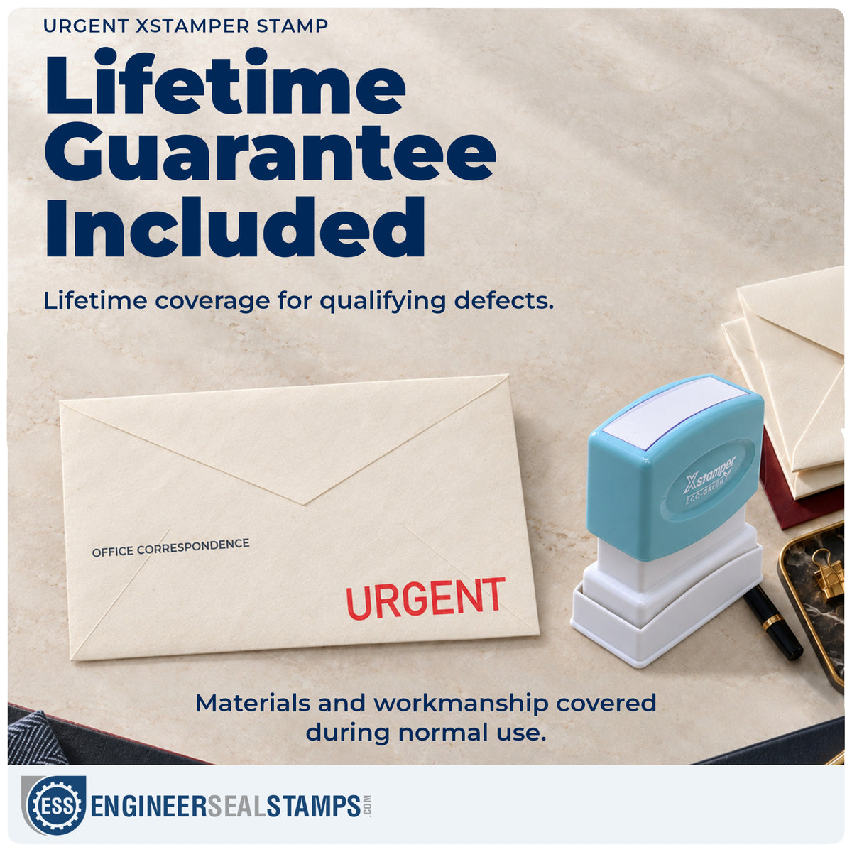 Lifetime guarantee coverage on the "Urgent" Xstamper pre-inked stamp