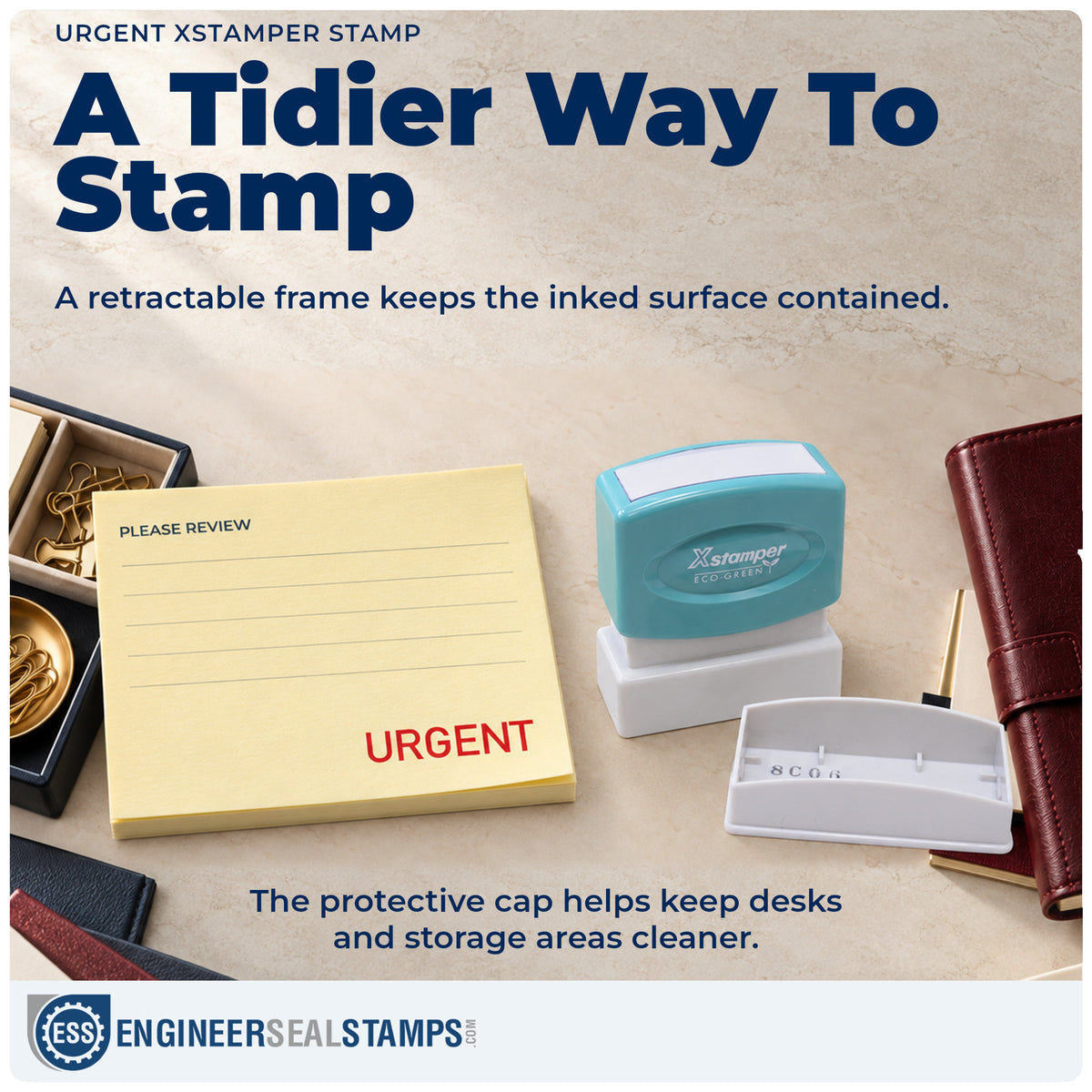 Features of the "Urgent" Xstamper No. 1103 pre-inked stamp