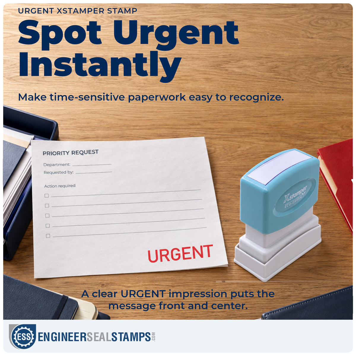 "Urgent" imprint on office paperwork beside the Urgent Stamp – Pre-Inked Xstamper
