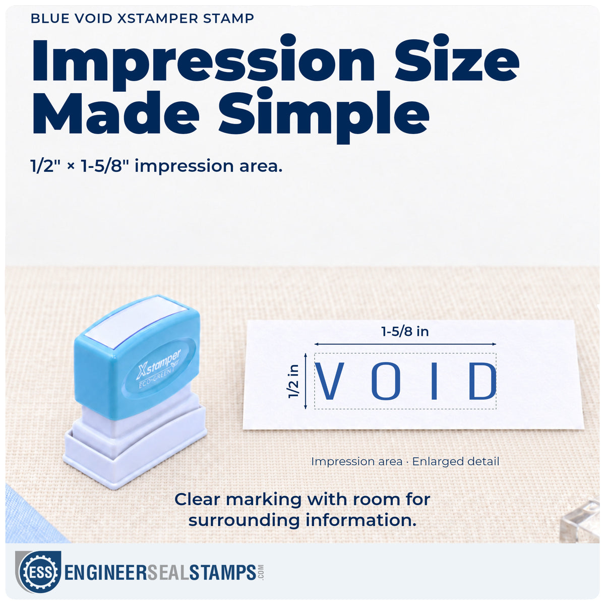 Impression size guide: the "Void" imprint measures Approximately 1/2 in tall x 1-5/8 in wide