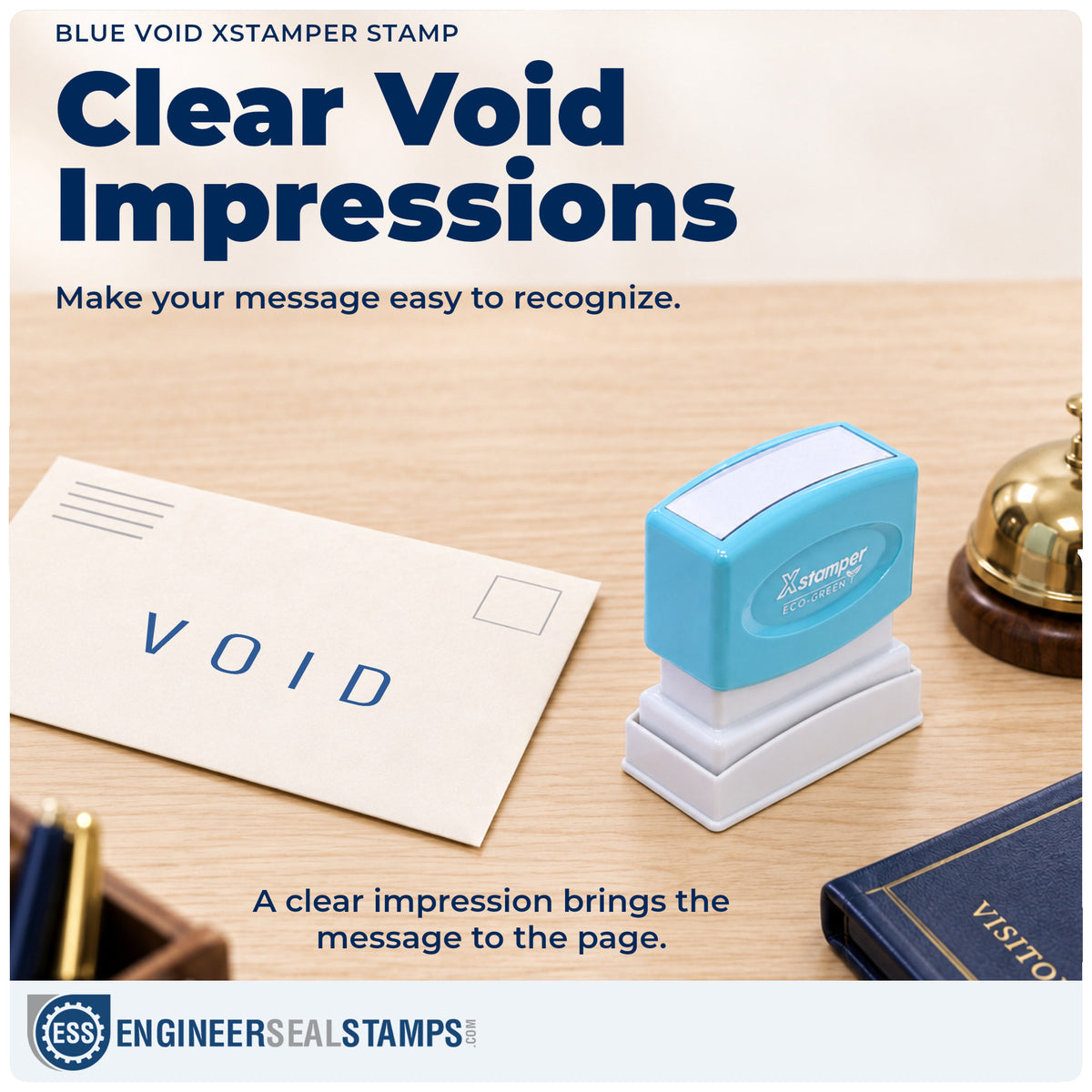 "Void" imprint on office paperwork beside the Blue Void Check Stamp – Pre-Inked Xstamper