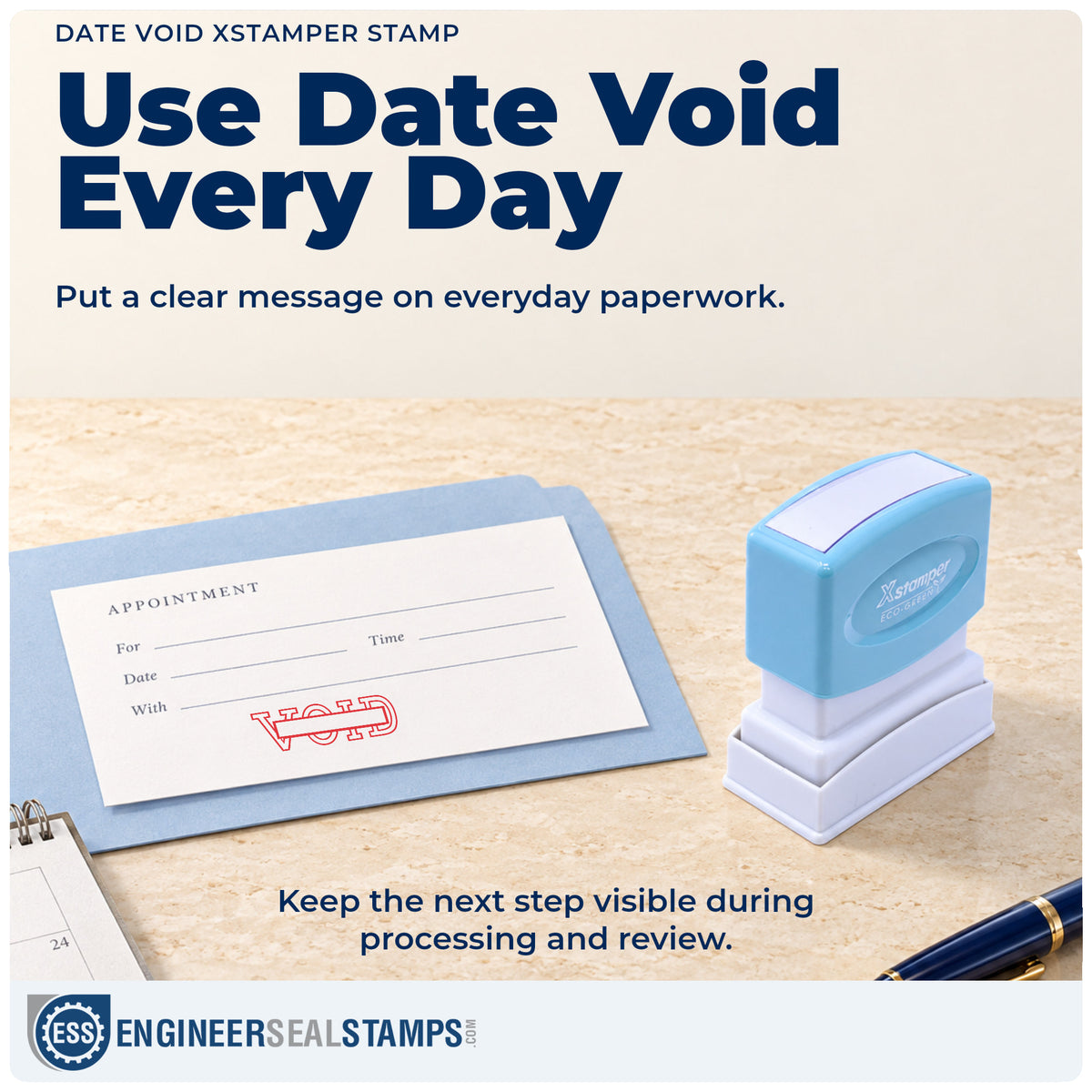 "Date void" stamp being pressed onto a document during everyday filing
