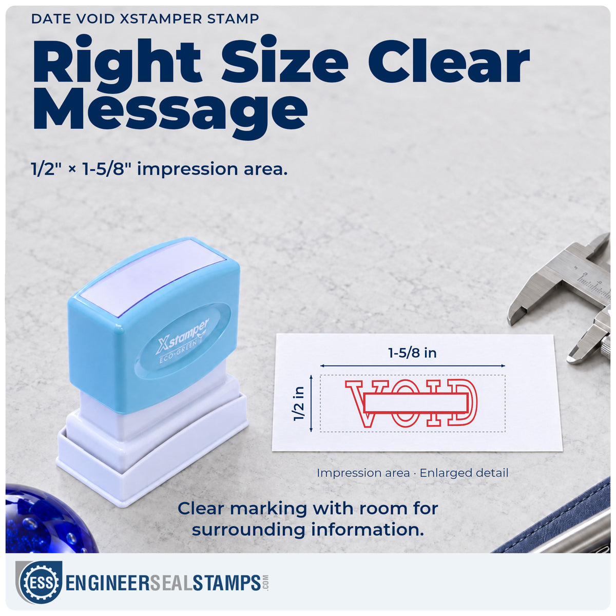Impression size guide: the "Date void" imprint measures 1/2 x 1-5/8 in