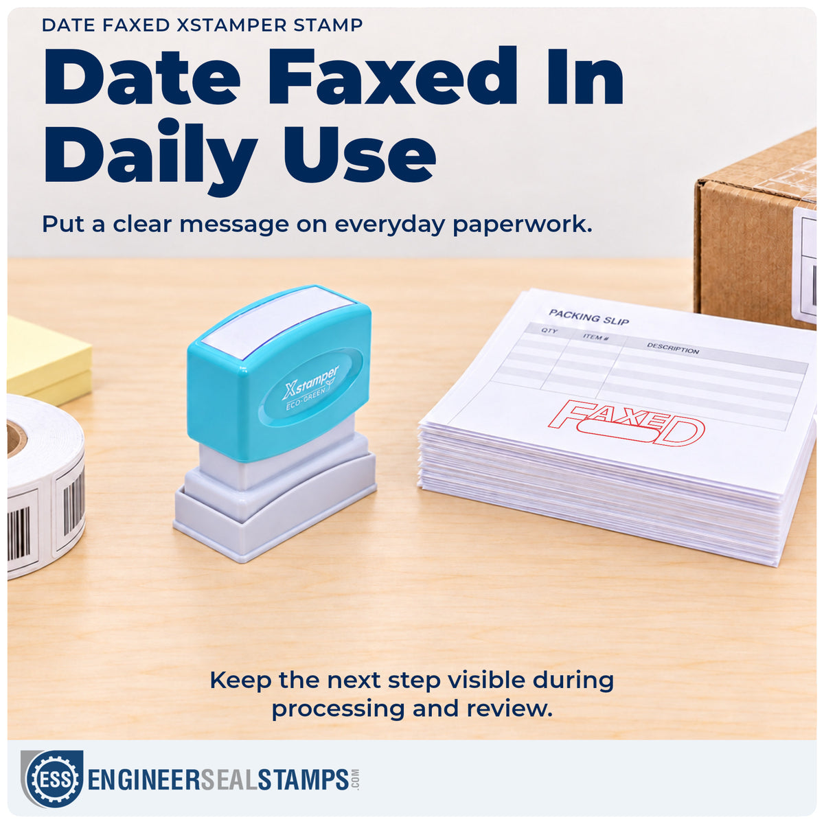 "Date faxed" stamp being pressed onto a document during everyday filing