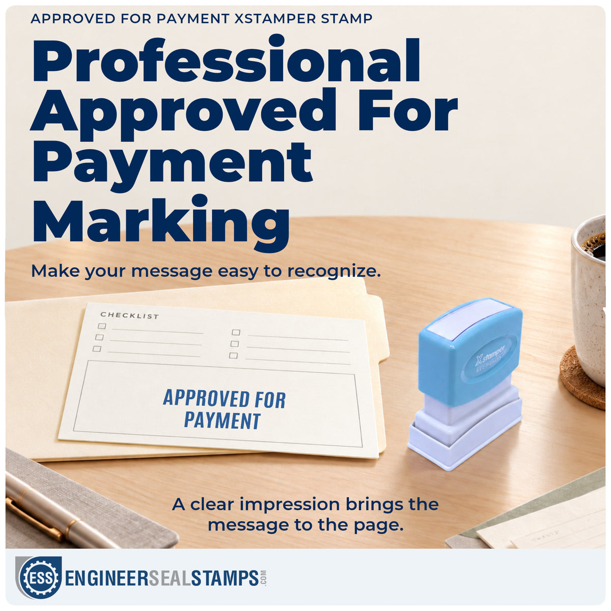 "Approved for payment" imprint on office paperwork beside the Xstamper Approved For Payment Accounting Stamp – Pre-Inked