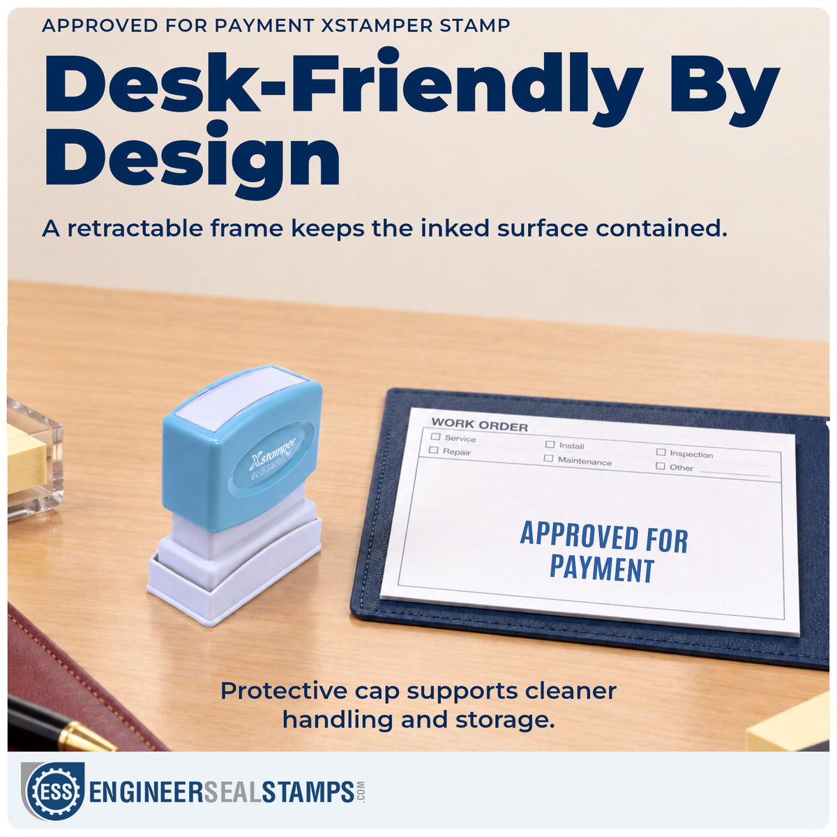 Features of the "Approved for payment" Xstamper No. 1025 pre-inked stamp