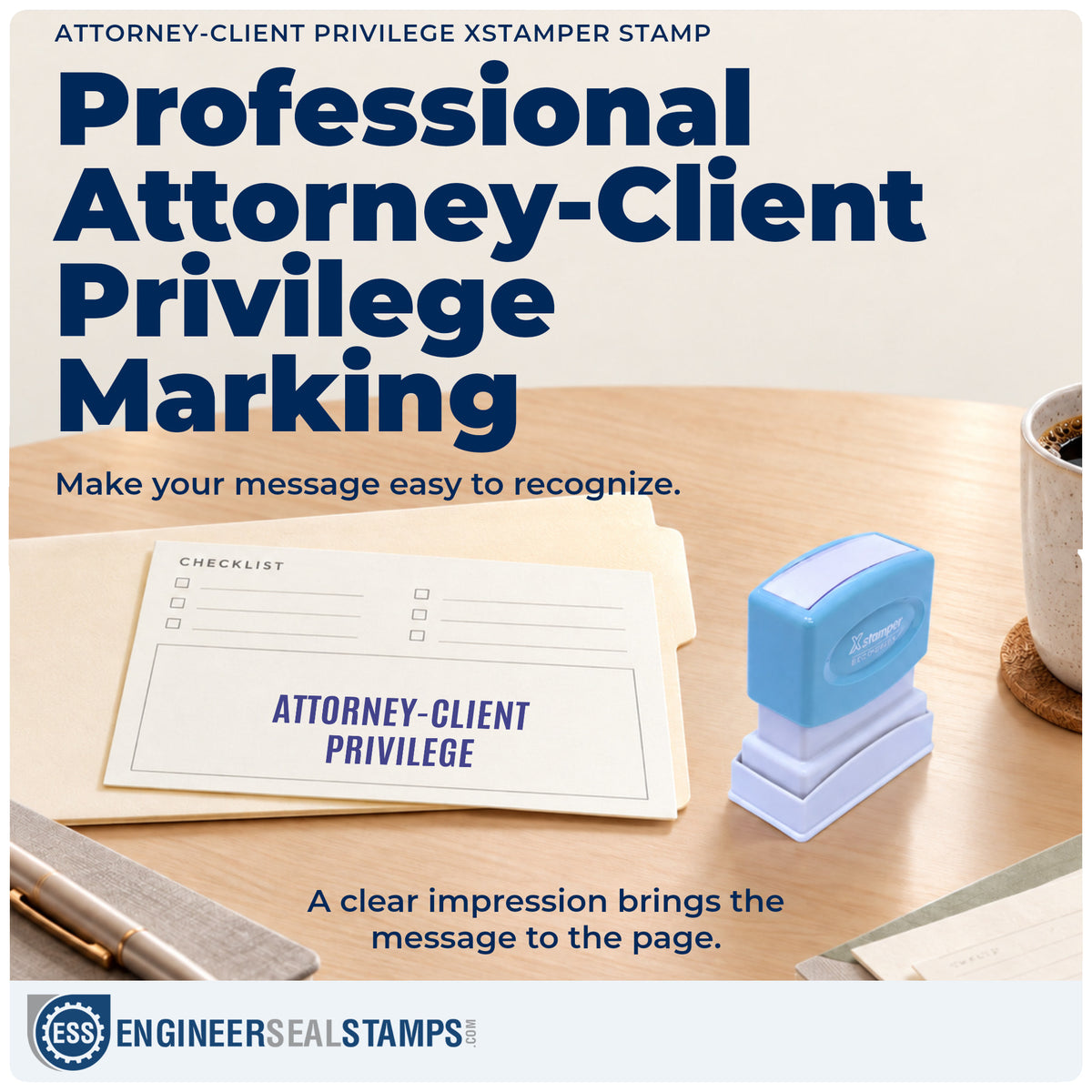 "Attorney-client privilege" imprint on office paperwork beside the Xstamper Attorney-Client Privilege Legal Stamp – Pre-Inked