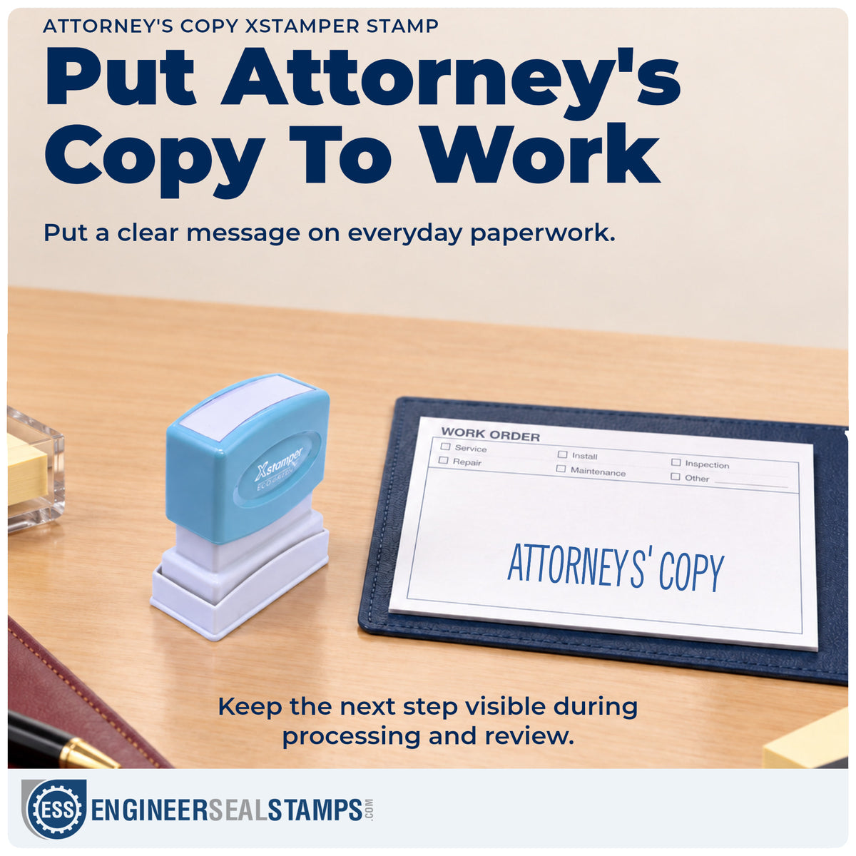 "Attorney's copy" stamp being pressed onto a document during everyday filing