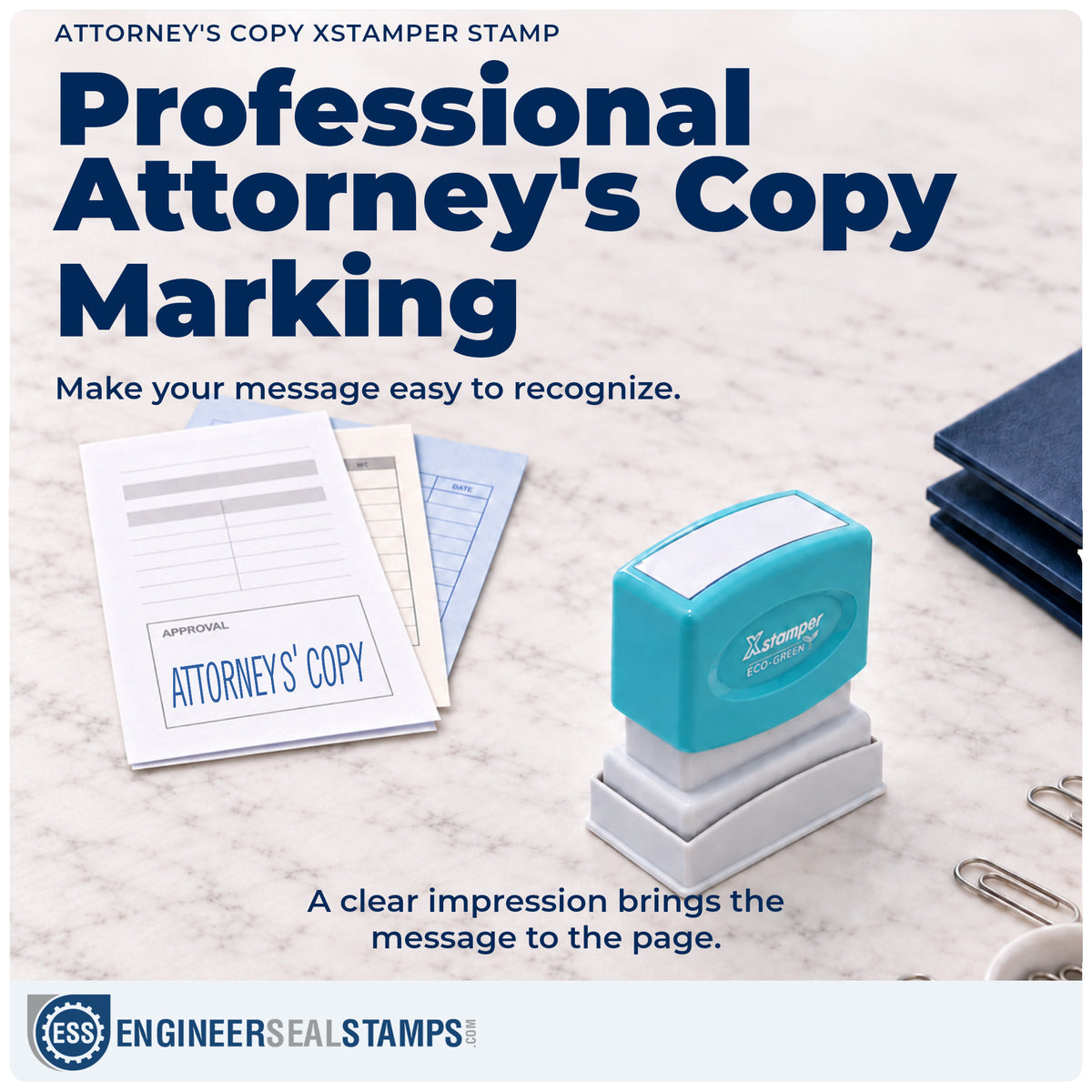 "Attorney's copy" imprint on office paperwork beside the Xstamper Attorney's Copy Stamp – Pre-Inked